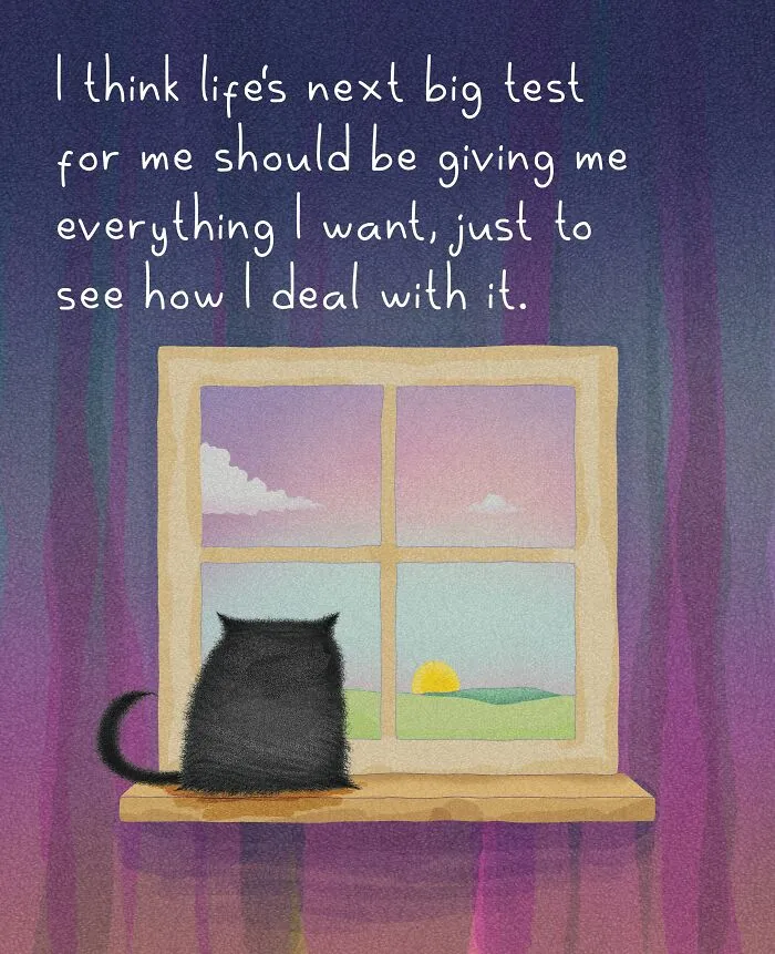 Cat illustrations by Luis Coelho showing a black cat sitting on a windowsill looking at the sunset.