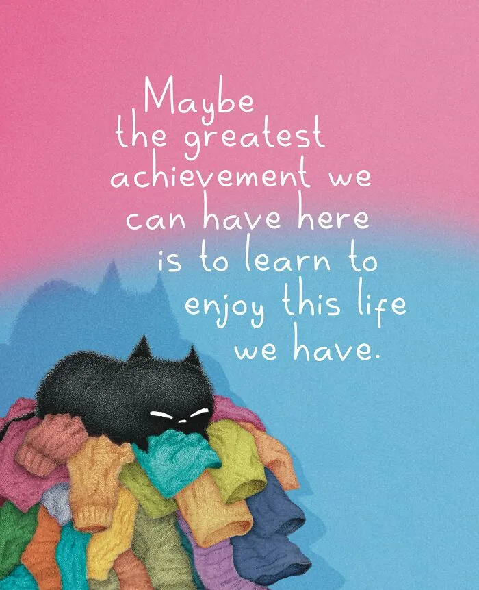 Cat illustration by Luis Coelho showing a sleeping black cat on a pile of colorful knitted clothes.