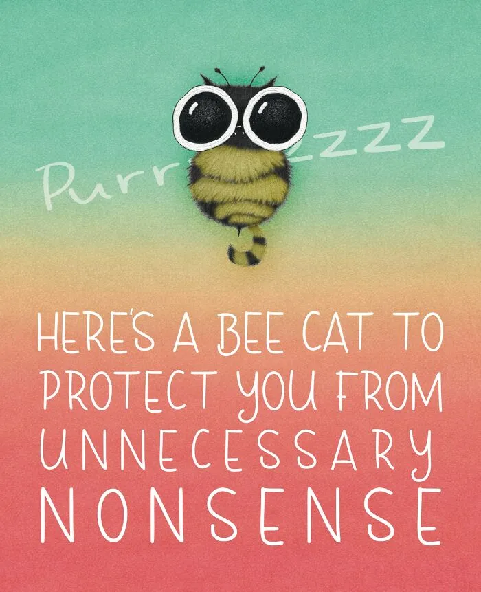 Cute cat illustrations by Luis Coelho featuring a black and yellow bee cat with big eyes.