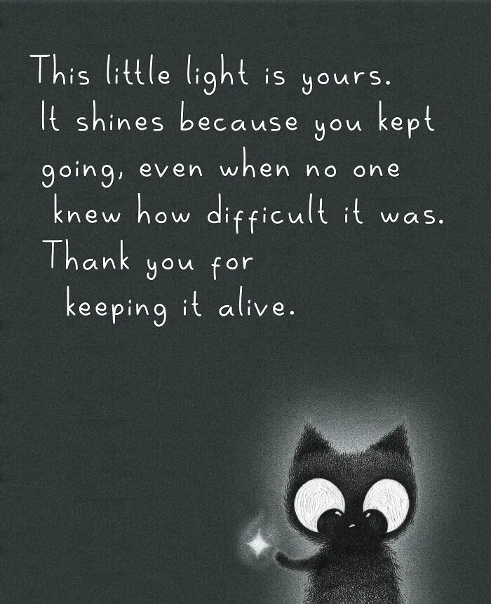 Uplifting cat illustration showing a small black cat holding a glowing light on a dark textured background.