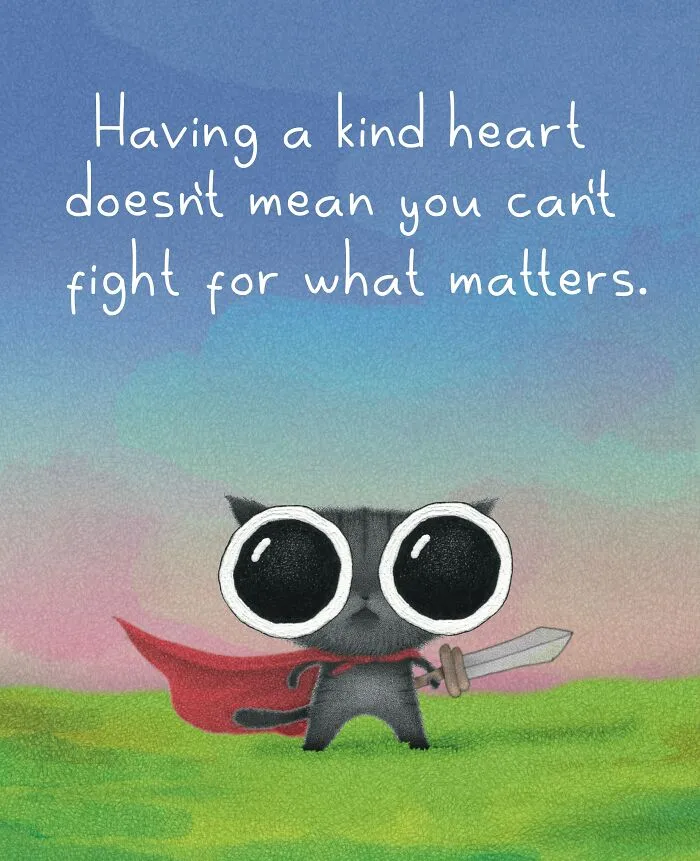 Cute cat illustration of a black cat wearing a cape and holding a sword next to an inspirational quote.