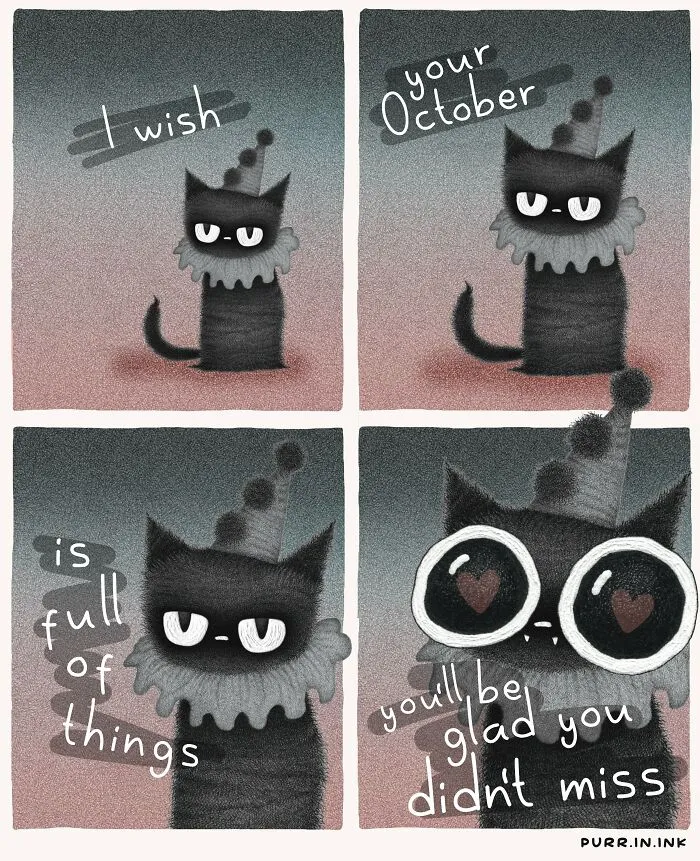 Cute and clever cat illustration by Luis Coelho in a four-panel comic format featuring a black cat in a clown costume.