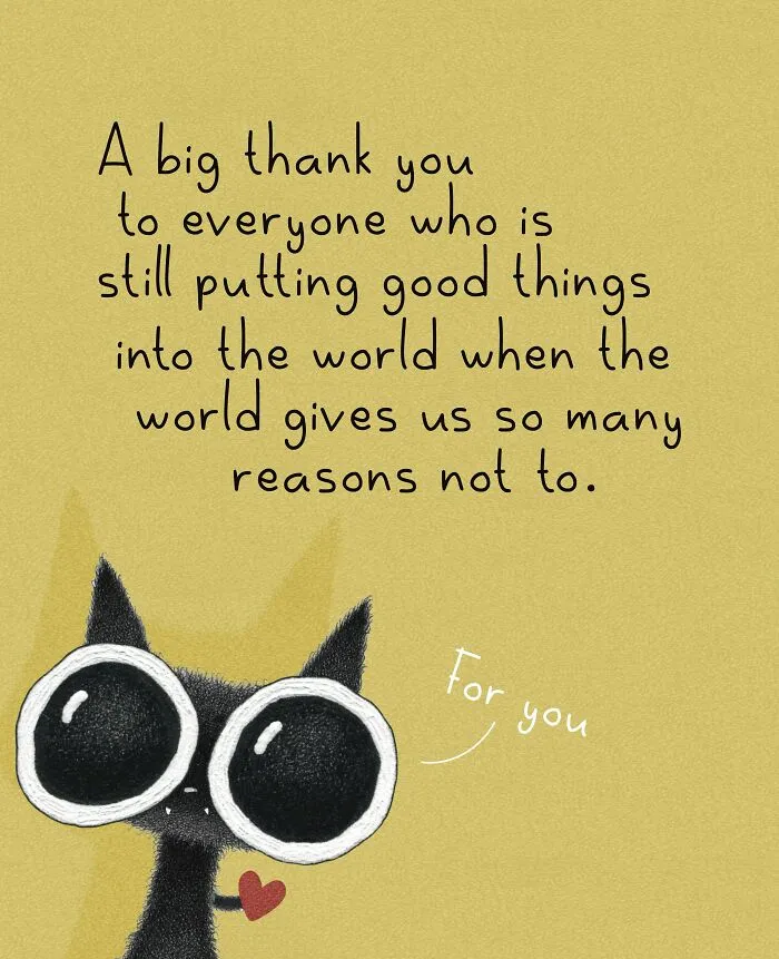 Clever cat illustration by Luis Coelho depicting a big-eyed black cat holding a heart with a thankful quote.