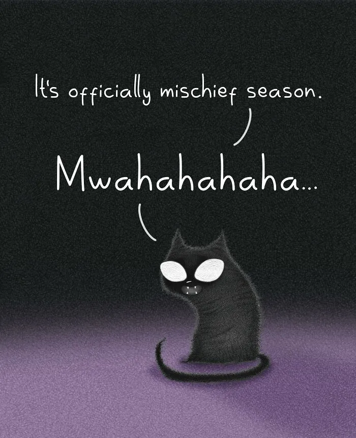 Cute cat illustration by Luis Coelho featuring a mischievous black cat with glowing eyes on a dark background.