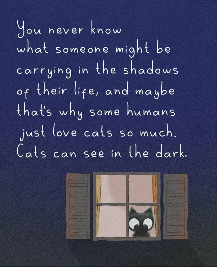 Cat illustration by Luis Coelho showing a black cat looking through a window with an uplifting message.