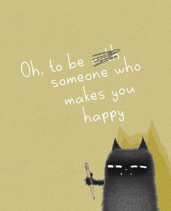 Cat illustrations by Luis Coelho featuring a fluffy black cat holding a pencil below an insightful quote.