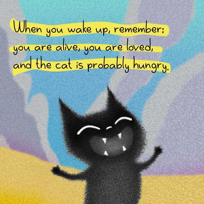 Cat illustrations by Luis Coelho with a cheerful black cat smiling widely next to a humorous, uplifting quote.