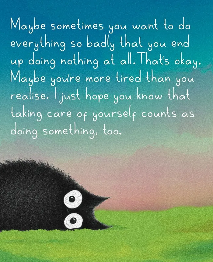Cat illustrations by Luis Coelho featuring a black cat laying on grass with an uplifting quote about self-care.