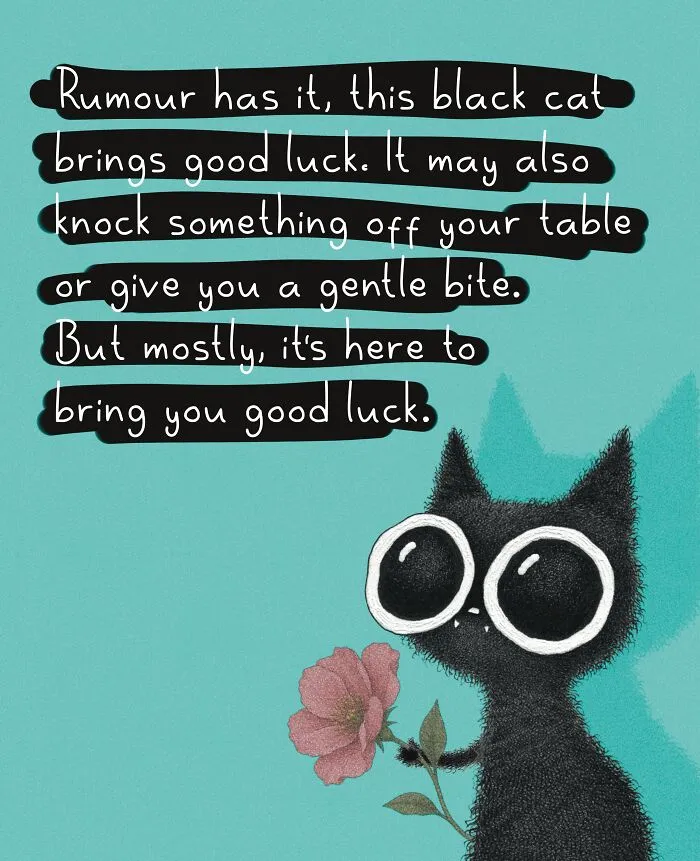 Cat illustrations by Luis Coelho showing a black cat holding a pink flower with text about good luck