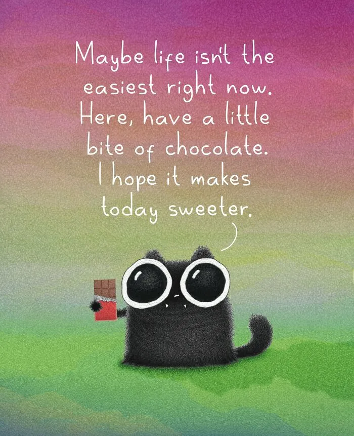 Cat illustrations by Luis Coelho depicting a black cat offering a bar of chocolate with a sweet message.