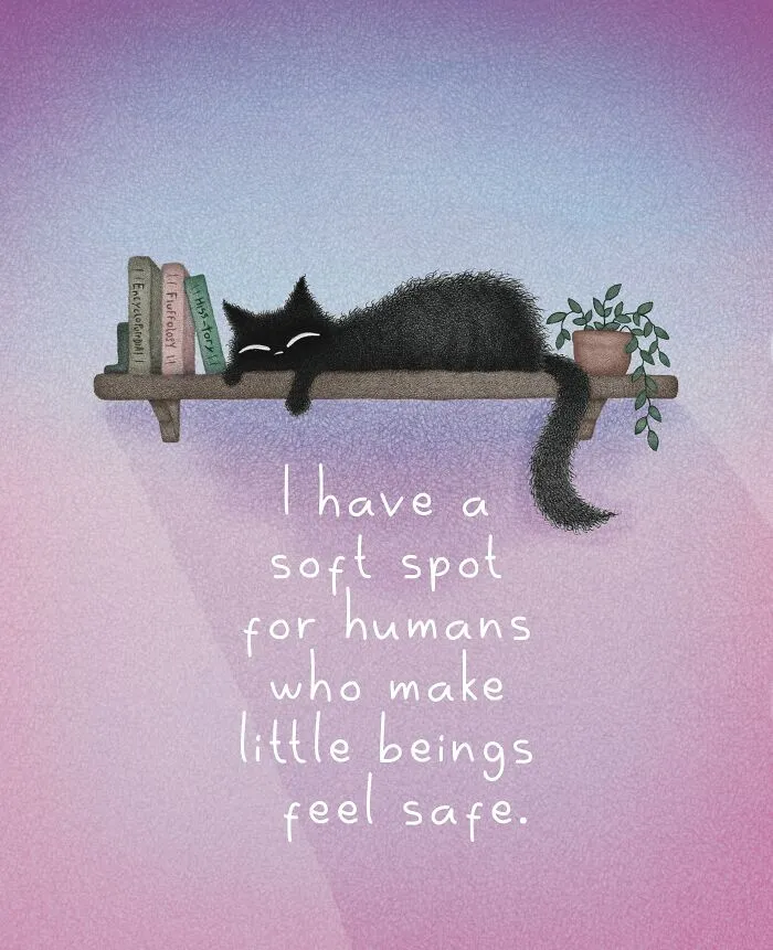 Clever cat illustrations by Luis Coelho of a fluffy black cat sleeping comfortably on a bookshelf.