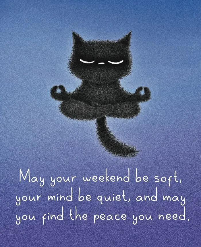 Cute cat illustrations by Luis Coelho showing a black cat meditating in a lotus pose.