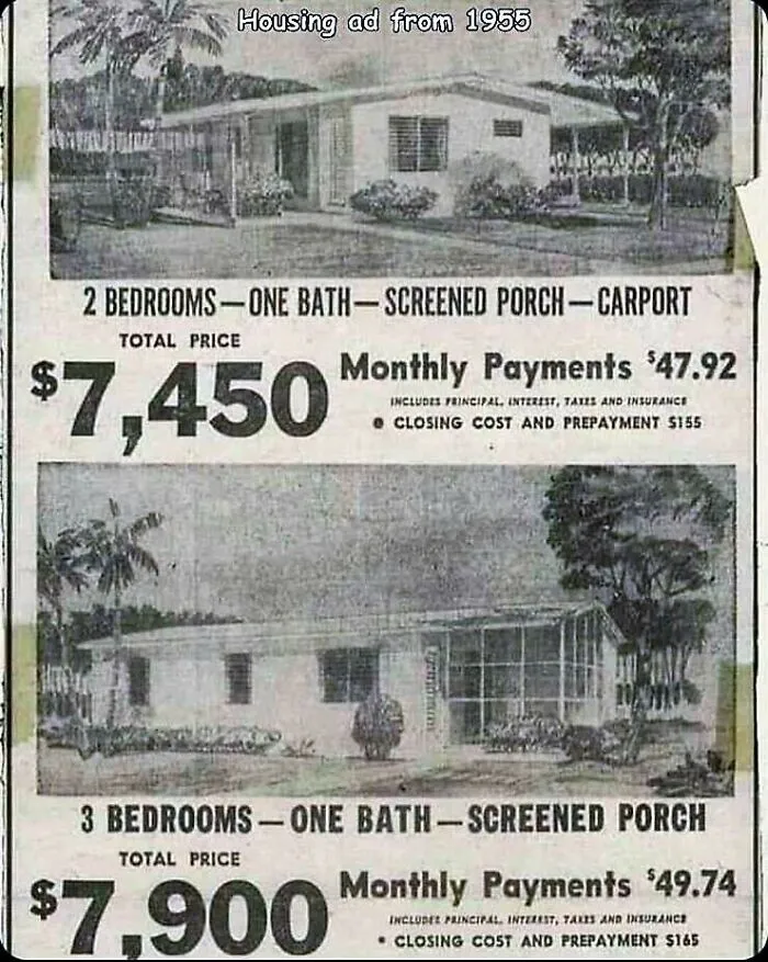 A newspaper clipping showing a housing ad from 1955, illustrating classic advertising fails.