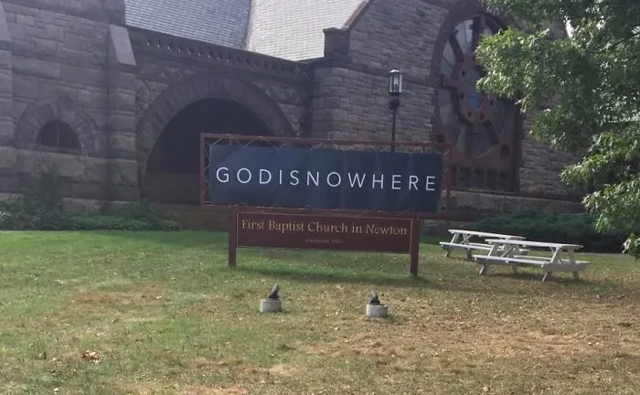 A church sign reading GODISNOWHERE showing unfortunate spacing, an example of advertising fails.