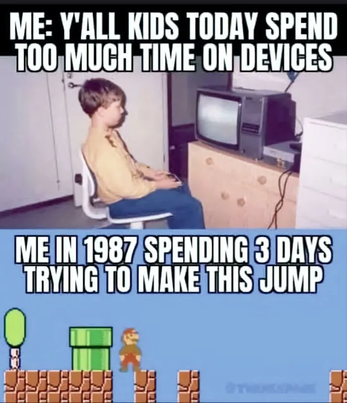 Meme showing a boy playing video games on TV alongside Super Mario Bros, 80s kids childhoods nostalgic photos.