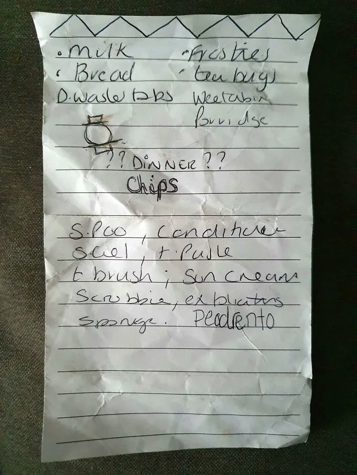 A handwritten grocery shopping list on lined paper, an everyday found paper discovery.