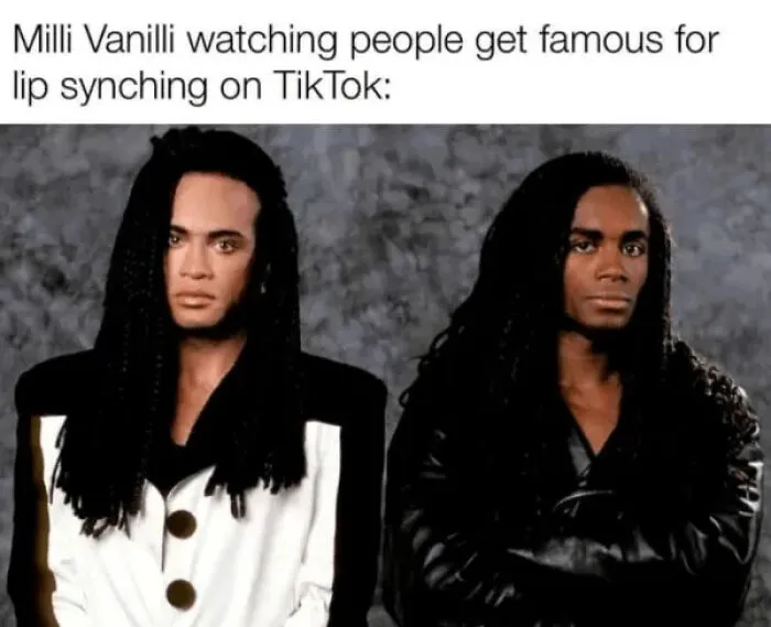 Funny meme of music duo Milli Vanilli featured in nostalgic photos for 80s kids