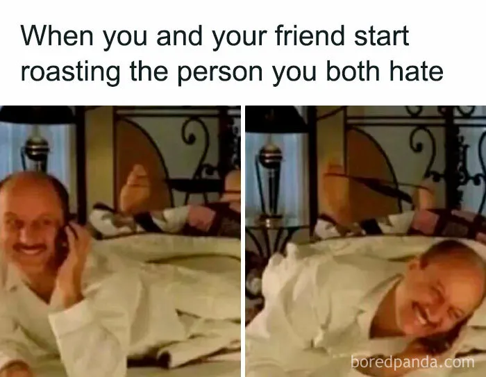 Funny memes showing a man laughing on the phone about roasting someone with a friend