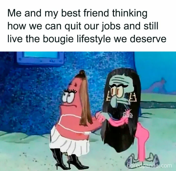 Patrick and Squidward dressed up representing funny random memes