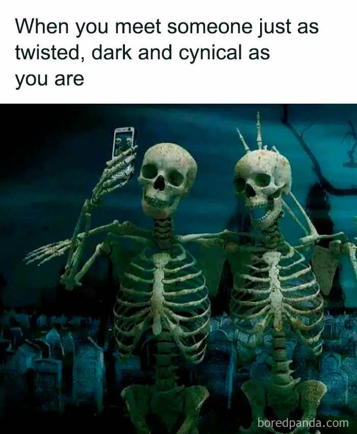 A funny skeleton selfie in a graveyard, perfect for random memes about meeting dark and twisted friends