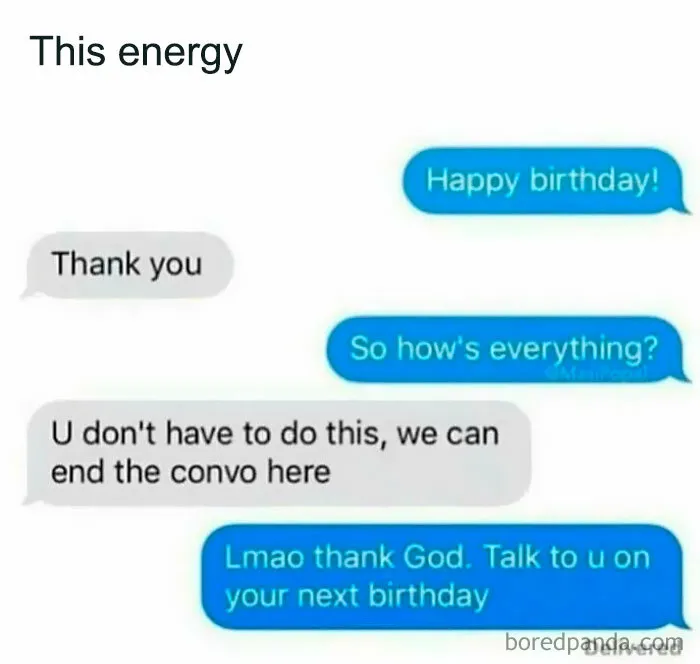 A funny text conversation showing random memes energy between friends