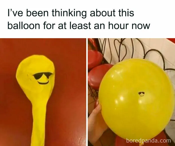 Funny random memes showing a yellow balloon that is deflated and then inflated with a tiny face.