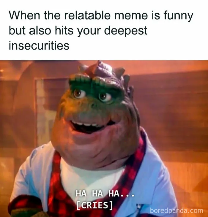 Relatable meme of a character laughing and crying about insecurities.