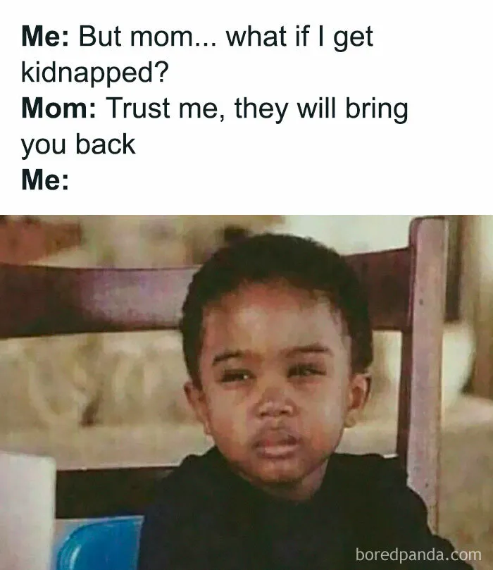 A skeptical little boy looking doubtful, featured in random memes about a mom's sarcastic kidnapping advice