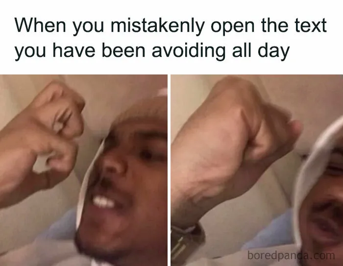 One of the random memes showing a man reacting with regret after opening a text