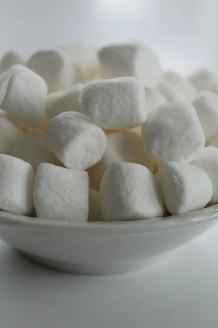 Close-up of mini marshmallows in a white bowl