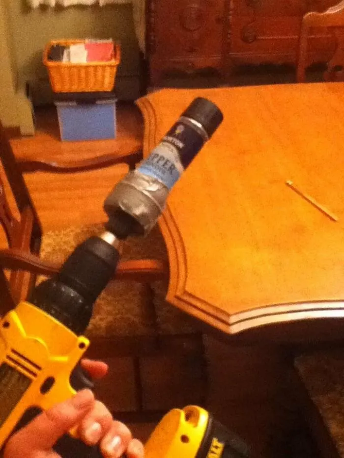 Power tool redneck fixes using a battery drill attached to a pepper grinder.