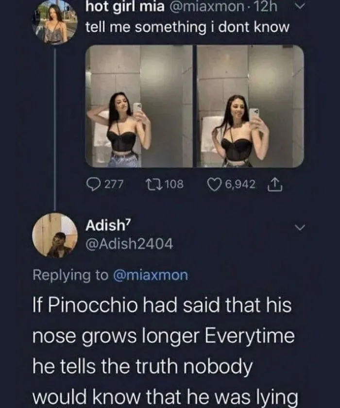 Wholesome memes screenshot of a humorous Twitter response about Pinocchio.