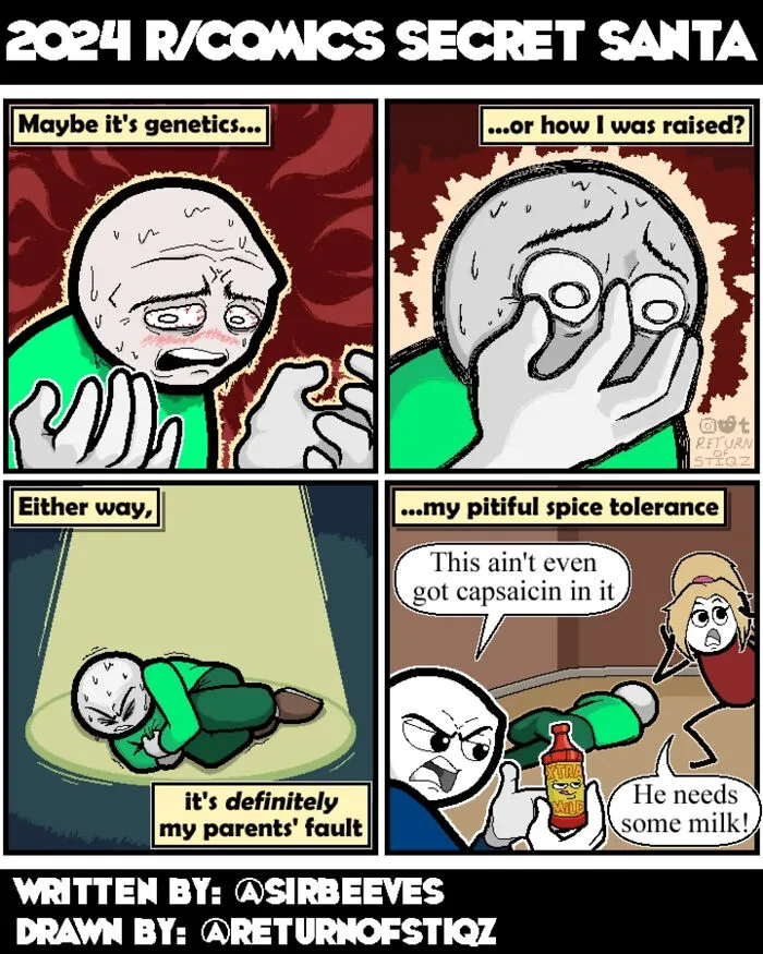 Four panel funny comic about a character struggling with mild spice, featuring silly humor and unexpected endings.