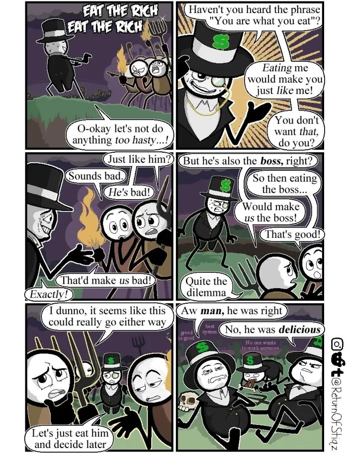 A comic by this artist with silly humor showing villagers eating a wealthy boss with unexpected endings.