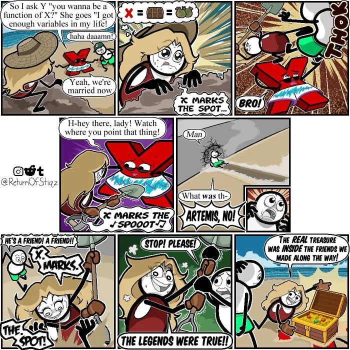 Multi-panel funny comic featuring stick figures on the beach digging for treasure with unexpected endings.