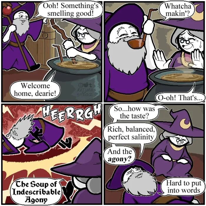 Comic with silly humor showing a wizard tasting soup of indescribable agony.