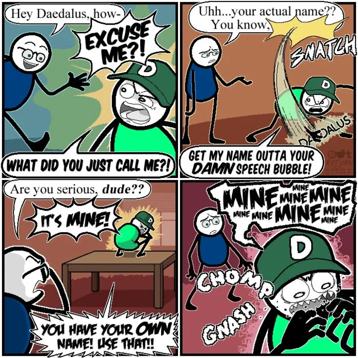 Silly humor comic featuring stick figures fighting over speech bubbles.