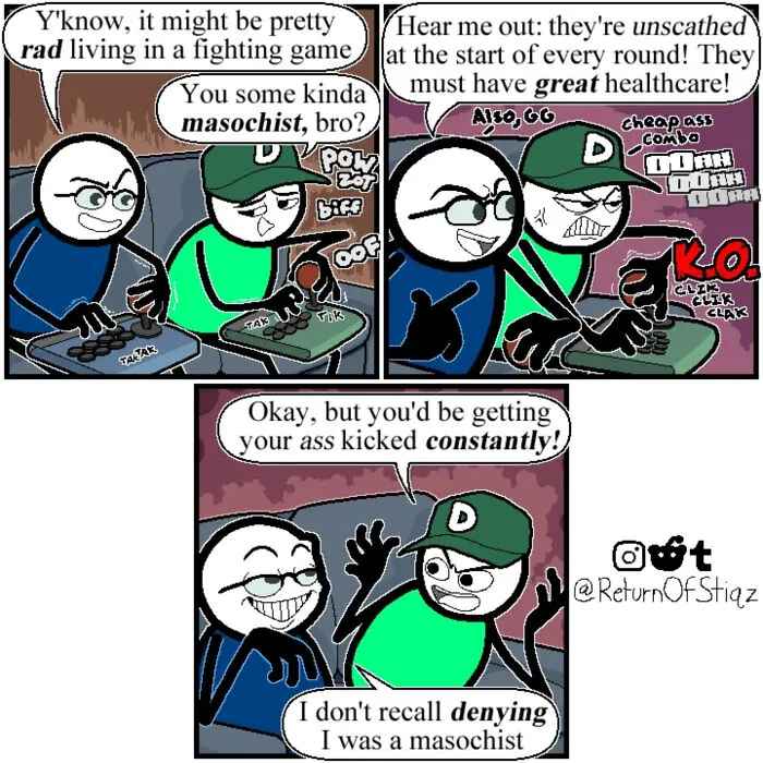 Web comic with silly humor showing stick figures playing fighting games.