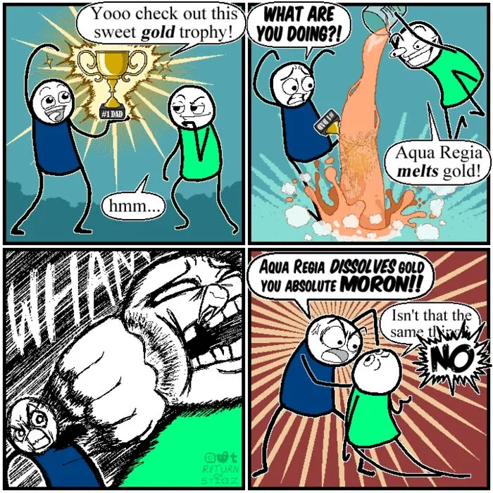 Funny comic showing a character pouring acid on a gold trophy with silly humor and an unexpected punchline.