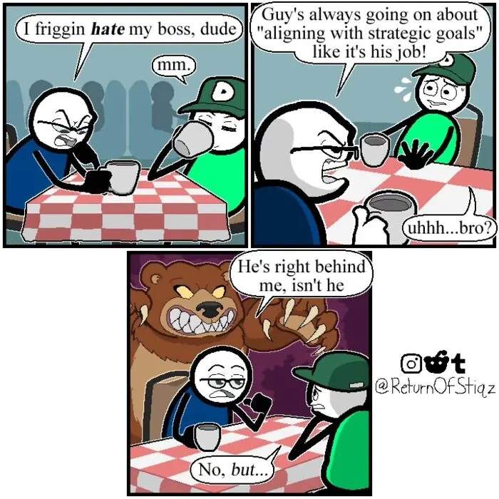 A comic with silly humor showing two stick figures talking about their boss before a giant bear appears behind them.