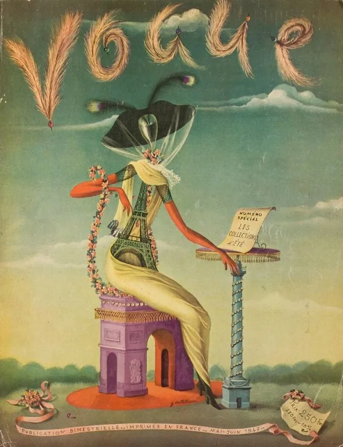 Surreal vintage Vogue cover artwork featuring a Parisian fashion illustration with the Eiffel Tower and Arc de Triomphe.