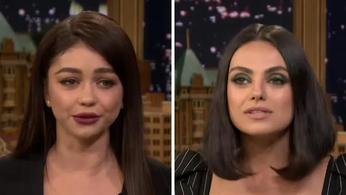 Sarah Hyland and Mila Kunis side-by-side, showcasing their celebrity lookalikes status