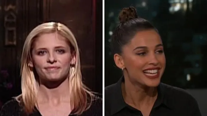 Side-by-side comparison of celebrity lookalikes Sarah Michelle Gellar and Naomi Scott.
