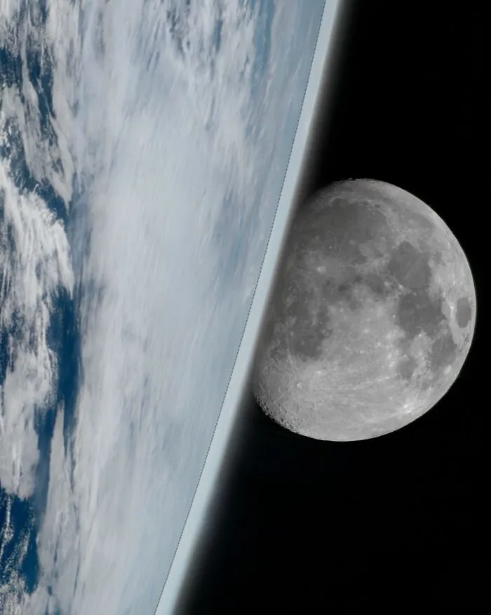 A stunning satellite photo showing Earth's atmospheric edge alongside the detailed surface of the moon.