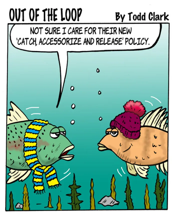 Two fish wearing a scarf and winter hat under water in a satirical comic.