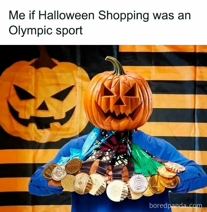 A person with a pumpkin head wearing many gold medals in a spooky season meme.