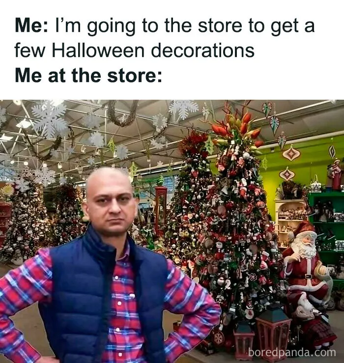 Disappointed man meme surrounded by Christmas trees for a funny spooky season meme.