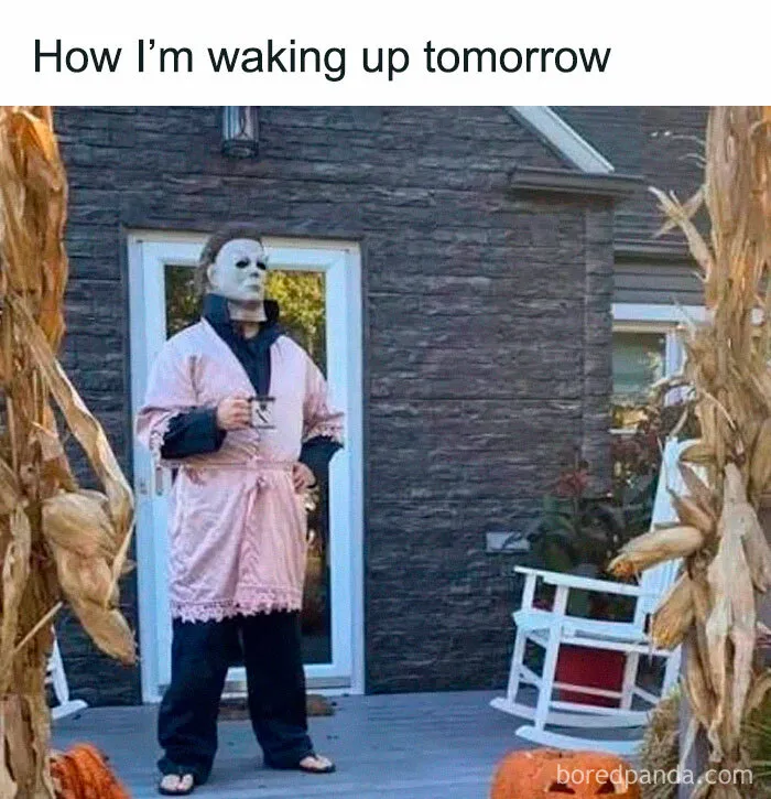 Michael Myers in a pink robe holding coffee in funny spooky season memes