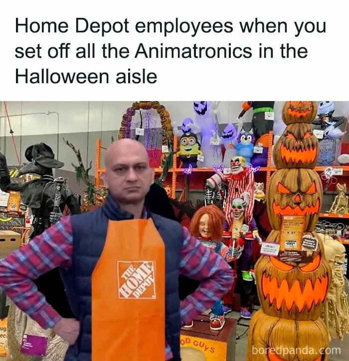 Disappointed Home Depot employee meme template standing in front of animatronics for spooky season memes