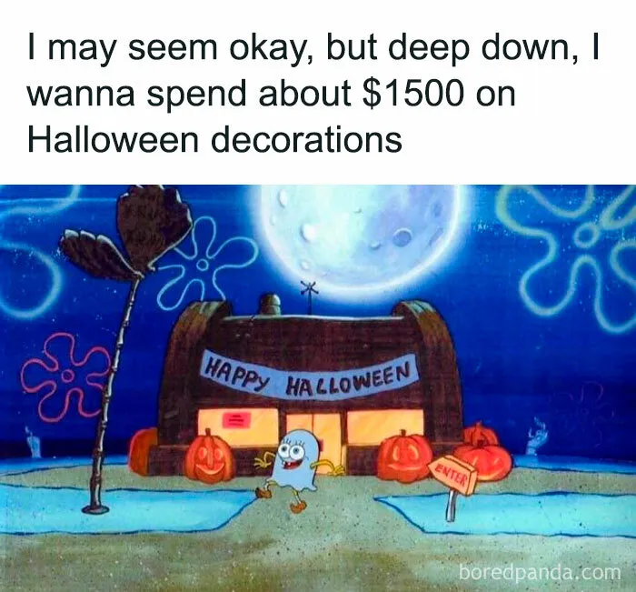 SpongeBob SquarePants Krusty Krab decorated for Halloween in spooky season memes